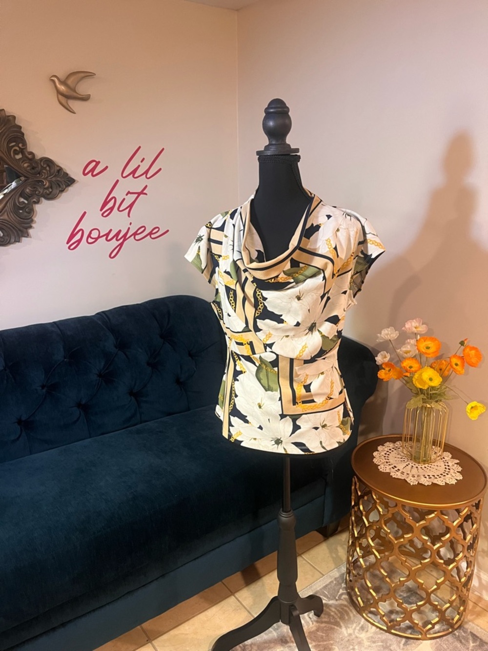 New York & Company Ivory, Olive and Blue Floral Cowl Neck Blouse